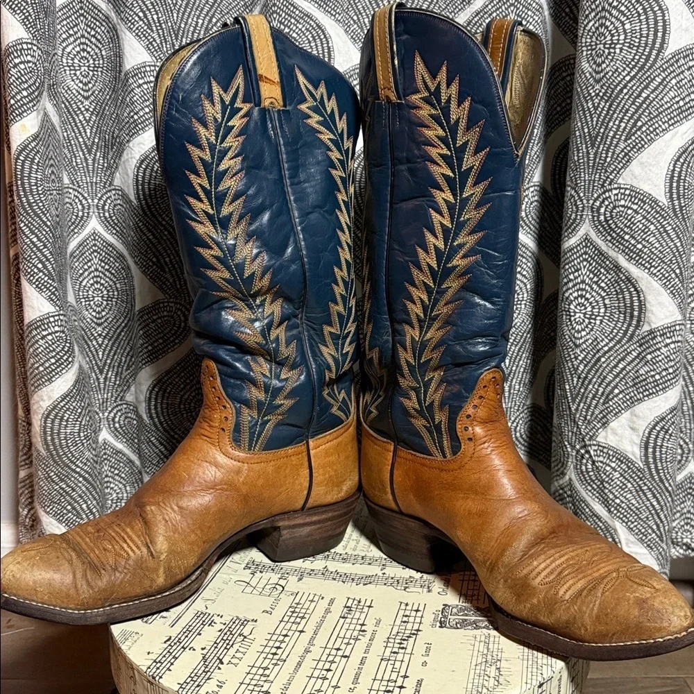 Hondo Crazy Horse Distressed Embroidered Navy/ Brown Leather Western Boots SZ9 - Picture 6 of 14